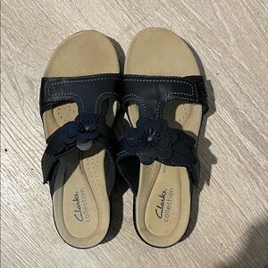 Clarks Black Floral Slide Sandals